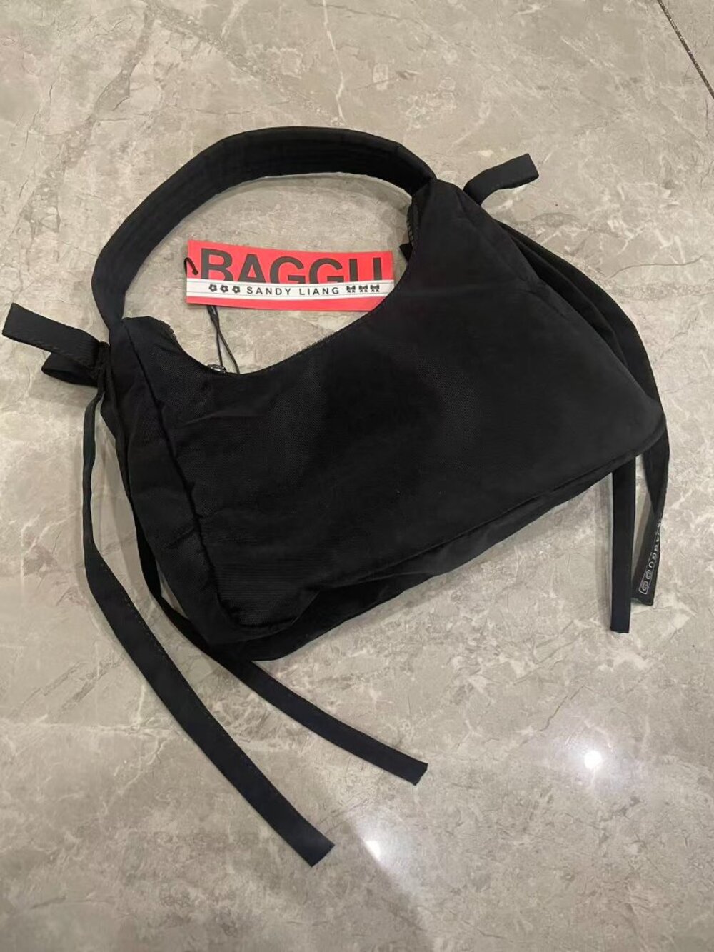 Baggu x Sandy Liang Black Recycled Nylon Bow Hobo Shoulder Bag 11.3x9.3x4.2in